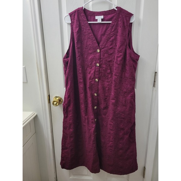 Liz Claiborne Dresses & Skirts - Liz Claiborne Wild Cherry Eyelet Cotton Button Front Midi Dress Pockets XL